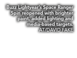 Buzz Lightyear’s Space Ranger Spin reopened with brighter paint, added lighting and media based targets. AT/DAVID FAKE