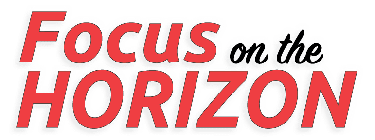 Red and white logo for a focus on the horizon. Description generated by AI