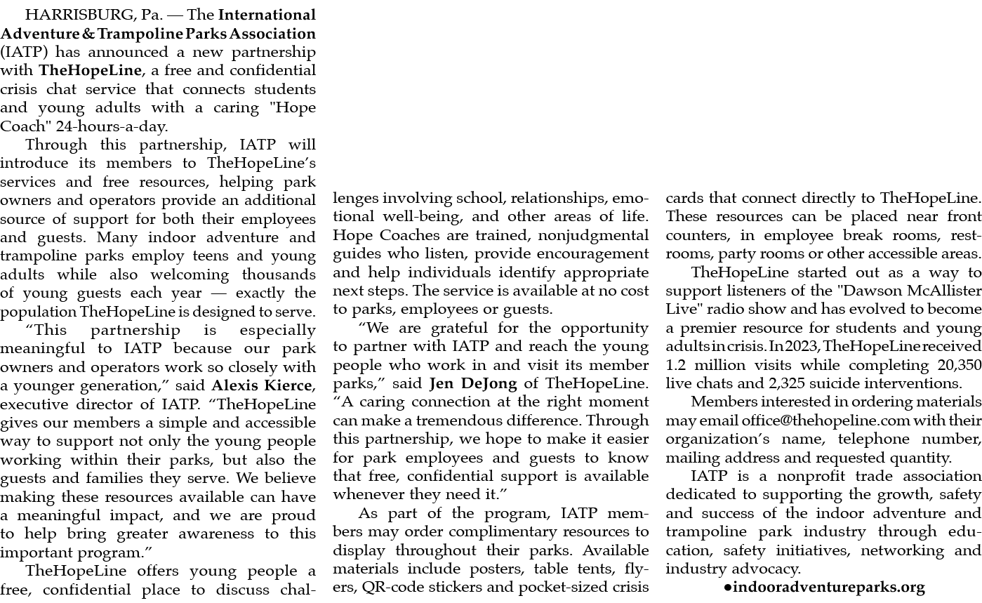 HARRISBURG, Pa. — The International Adventure & Trampoline Parks Association (IATP) has announced a new partnership w...