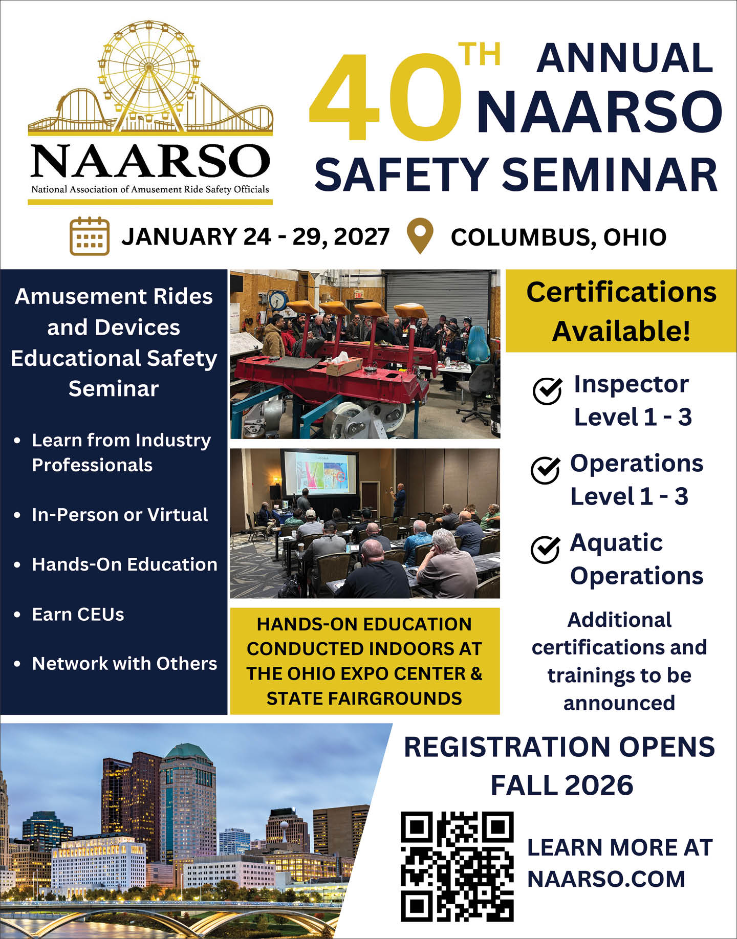 The 40th Annual NAARSO Safety Seminar announcement features a group of people gathered around machinery in an industrial setting with information about certifications and the event location in Columbus, Ohio. Description generated by AI