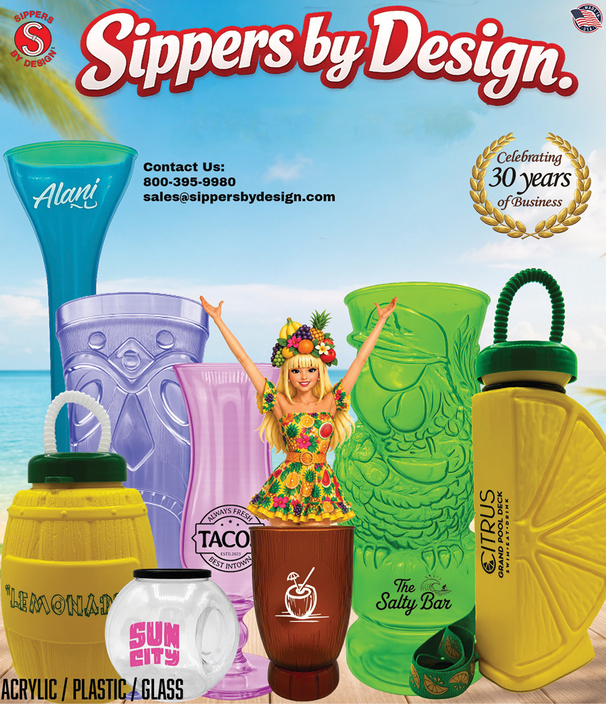A colorful assortment of uniquely shaped and themed drink containers including a tiki mug, a lemon-shaped bottle, and a cup with a floral-clad person figurine on top is displayed against a beach background with the text Sippers by Design celebrating 30 years of business. Description generated by AI