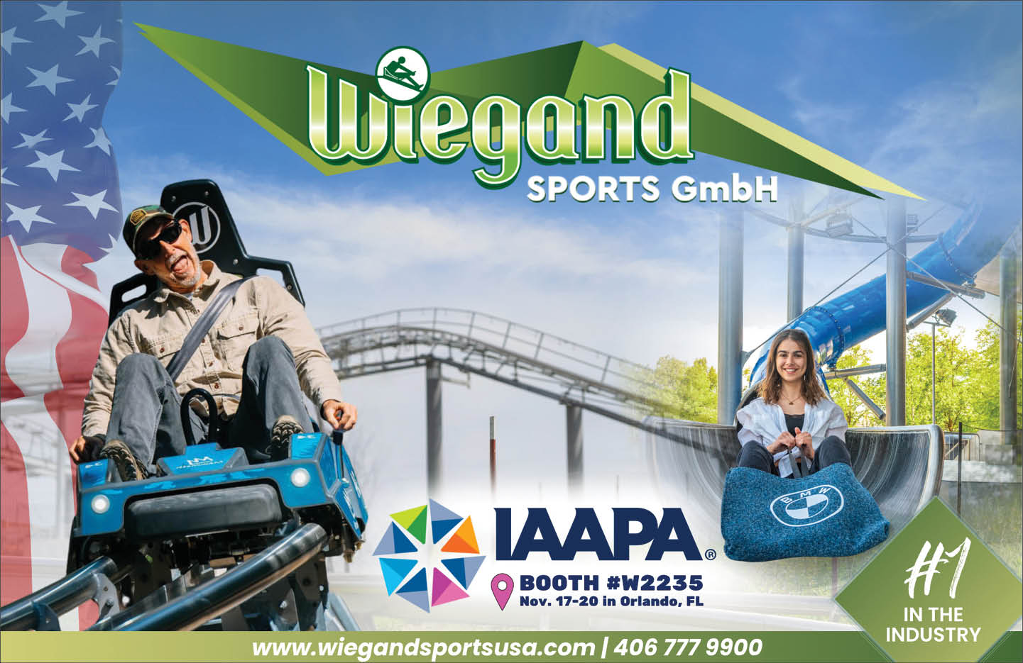 Two people are riding a blue roller coaster with a water slide and roller coaster track in the background, alongside promotional text for Wiegand Sports GmbH and IAAPA booth information. Description generated by AI
