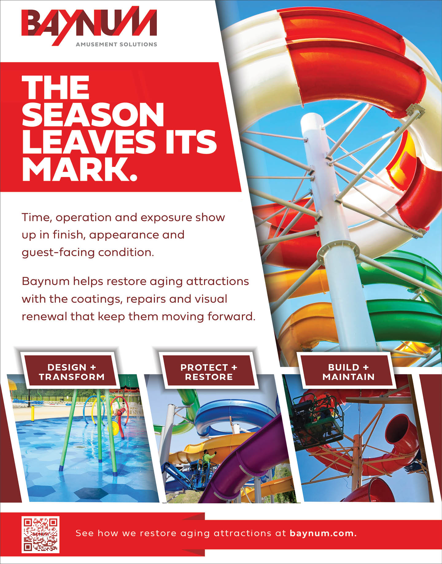 A colorful water slide structure is shown alongside text promoting Baynum's services for restoring aging attractions through design, protection, and maintenance. Description generated by AI