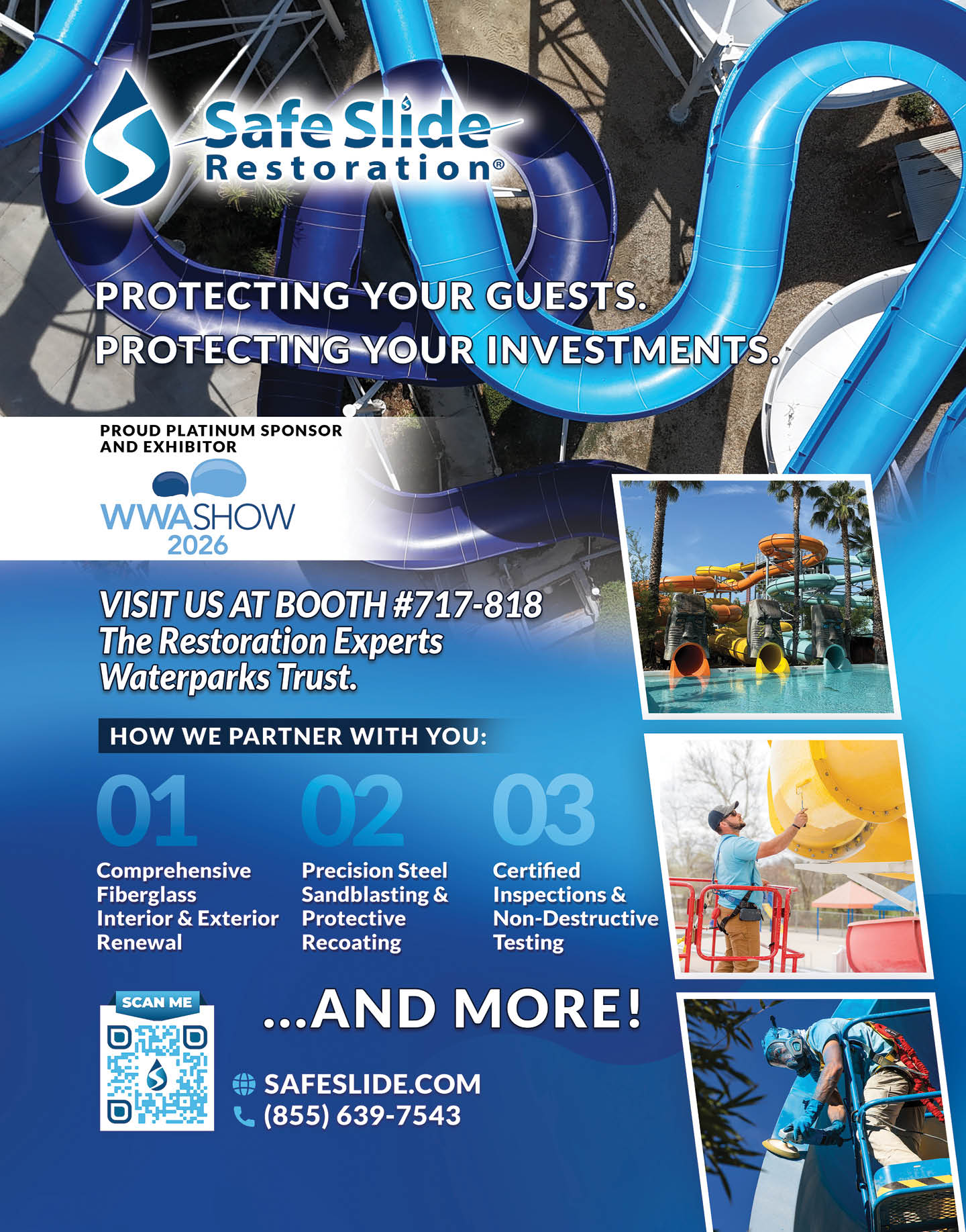 Advertisement for Safe Slide Restoration featuring water slides, images of people enjoying waterparks, and information about their services and booth at a trade show. Description generated by AI