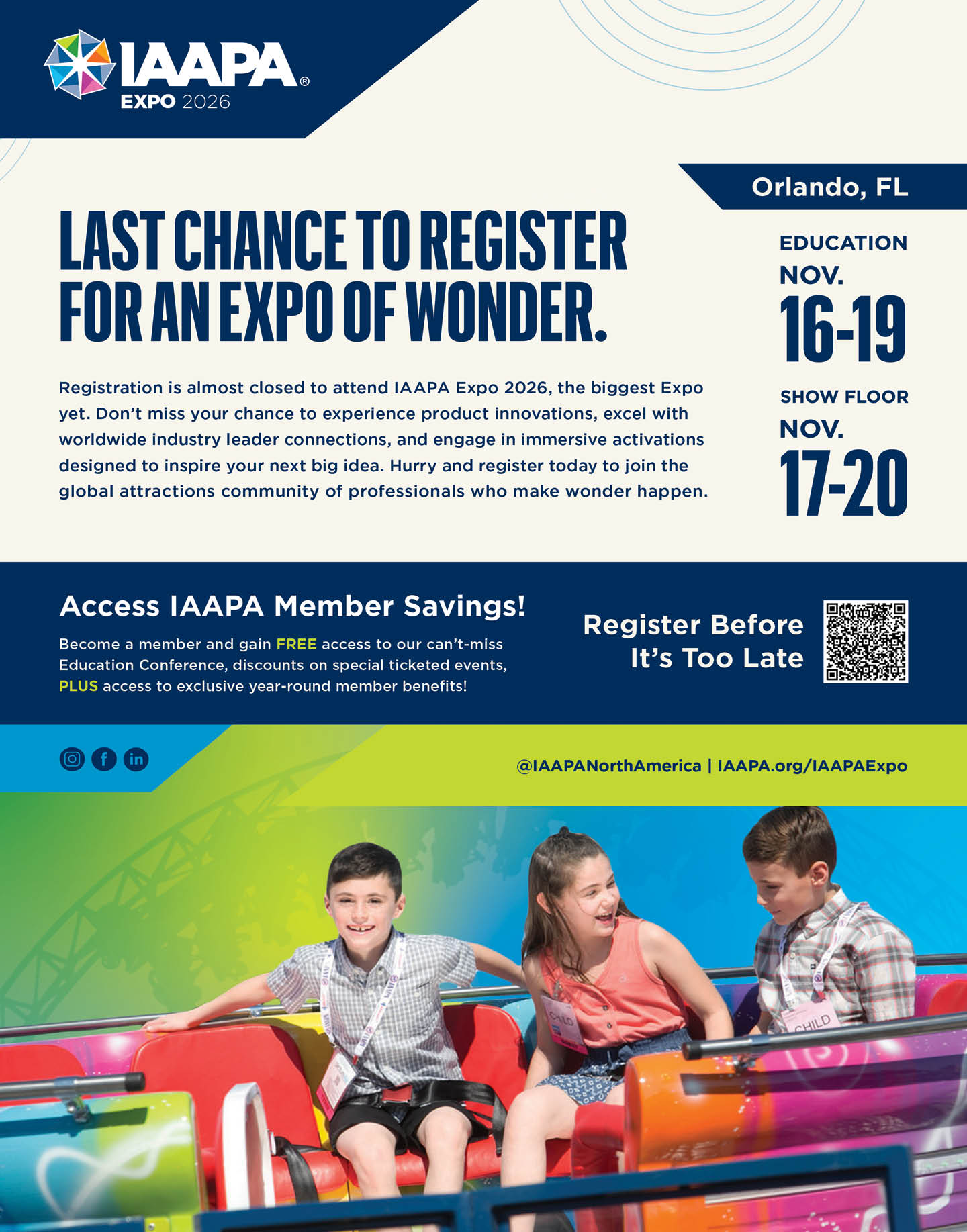 Three children are smiling and playing together on colorful playground equipment beneath a promotional banner for IAAPA Expo 2026 in Orlando, Florida. Description generated by AI