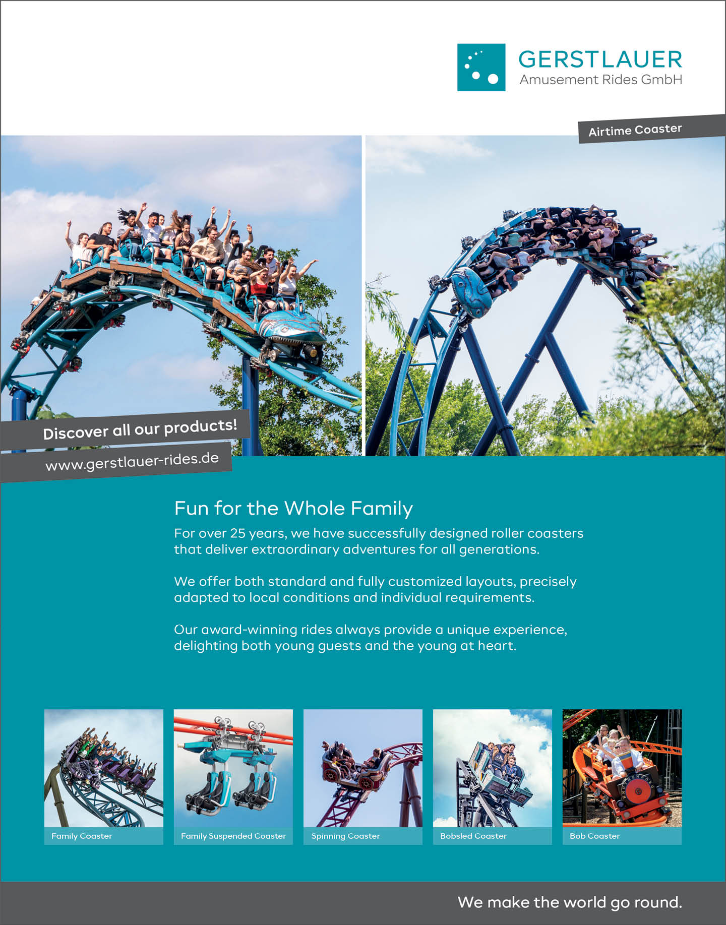 Adults and children are riding various roller coasters in an amusement park advertisement showcasing different coaster types with a blue background and promotional text. Description generated by AI