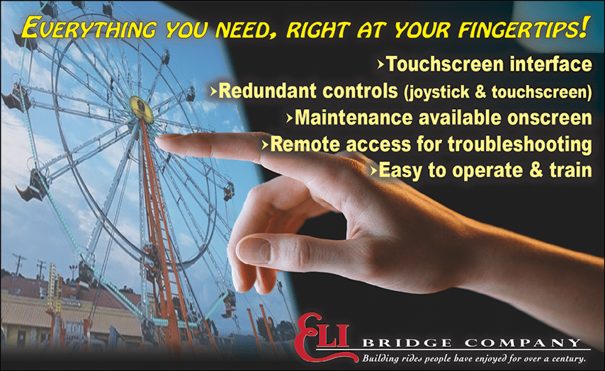 A hand is reaching out to touch a large Ferris wheel in the background with text highlighting features like touchscreen interface, redundant controls, maintenance availability, remote access, and ease of operation. Description generated by AI