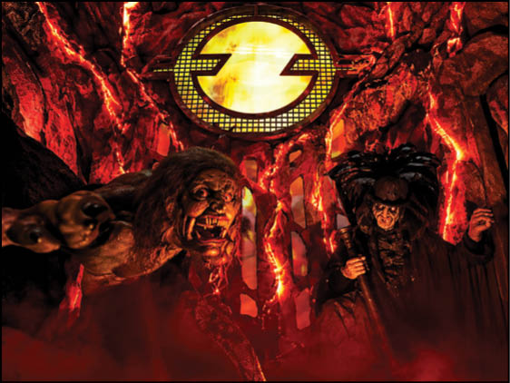 Two monstrous figures with menacing expressions stand in a fiery cave illuminated by glowing lava and a large circular symbol above them. Description generated by AI