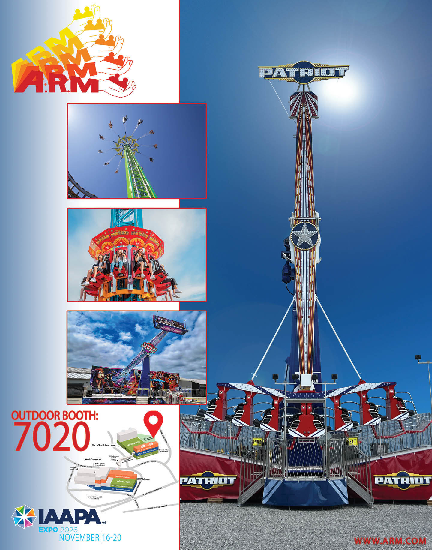 A tall amusement park ride named Patriot with seats arranged in a circle at the base and people seated on it is shown against a clear blue sky, accompanied by smaller inset images of the ride in motion and a map indicating an outdoor booth location at an expo. Description generated by AI