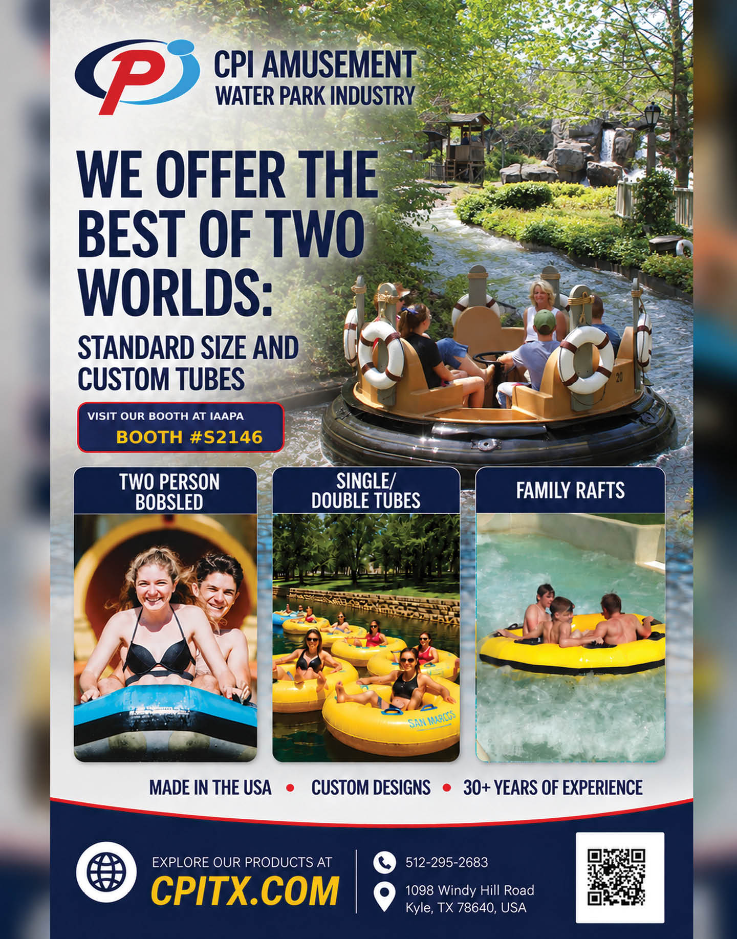 Adults are enjoying rides on two-person bobsleds, single and double yellow tubes, and family rafts in a water park setting with promotional text for CPI Amusement. Description generated by AI