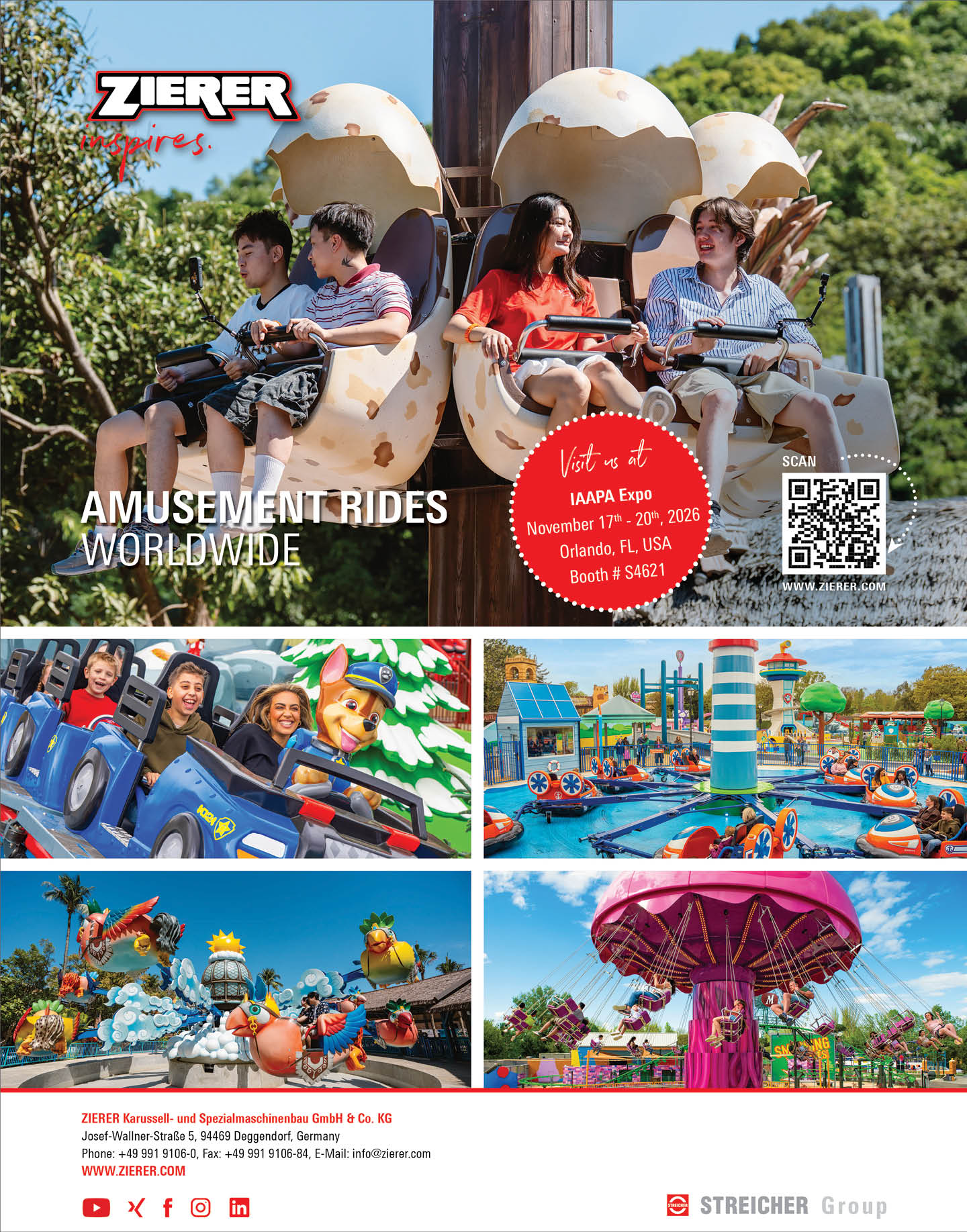 Four people are seated in a large amusement ride shaped like cracked eggshells outdoors with trees in the background, while three smaller images below show people enjoying various colorful amusement park rides. Description generated by AI