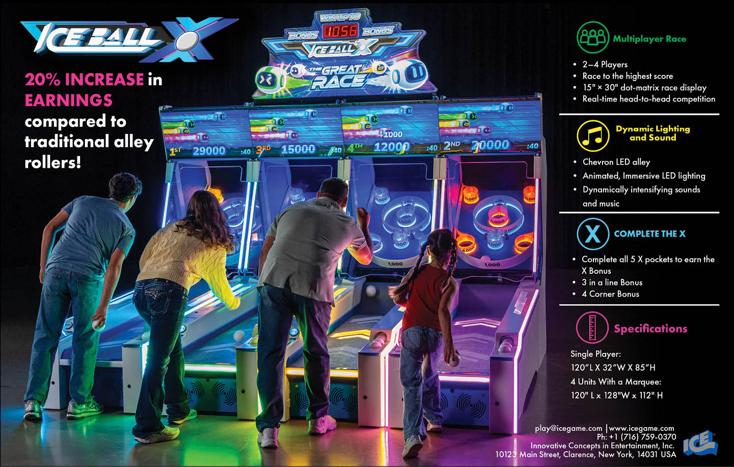 Four people stand and play a brightly lit arcade game called Ice Ball X in a colorful indoor setting with game instructions and features displayed on the right side. Description generated by AI