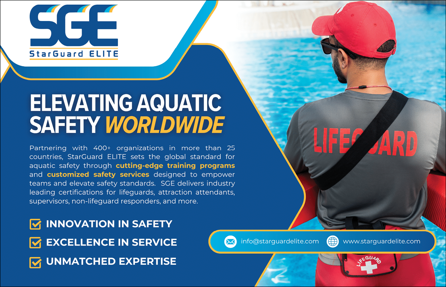 A person wearing a red cap and a gray shirt with “LIFEGUARD" printed on the back stands near a pool next to a graphic promoting StarGuard ELITE's aquatic safety training and services worldwide. Description generated by AI