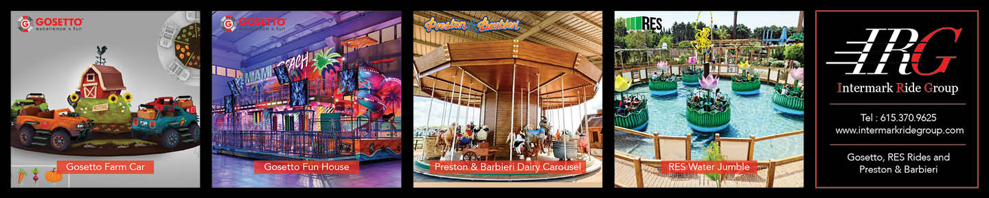 Four colorful promotional images showcase different amusement park attractions including a farm-themed play area, a vibrant indoor play zone, a carousel ride, and a paddle boat water ride, each labeled with their respective names and logos. Description generated by AI