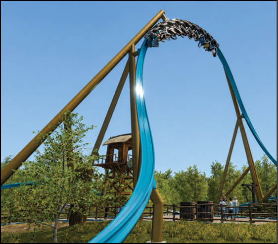 A roller coaster with a blue track is shown at the peak of a steep drop with people riding in the cars, surrounded by trees and a wooden fence. Description generated by AI