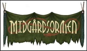 A tattered green banner with chains on each end displays the word “MIDG RDSORMEN" in stylized letters with a faint red serpent design woven behind the text. Description generated by AI