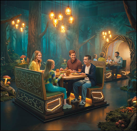 A group of people sitting at a wooden booth table in a whimsical forest-themed restaurant with glowing hanging lights and mushroom decorations. Description generated by AI