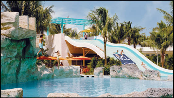 People are enjoying a sunny day at a water park with a large pool, rock formations, palm trees, and a winding water slide. Description generated by AI