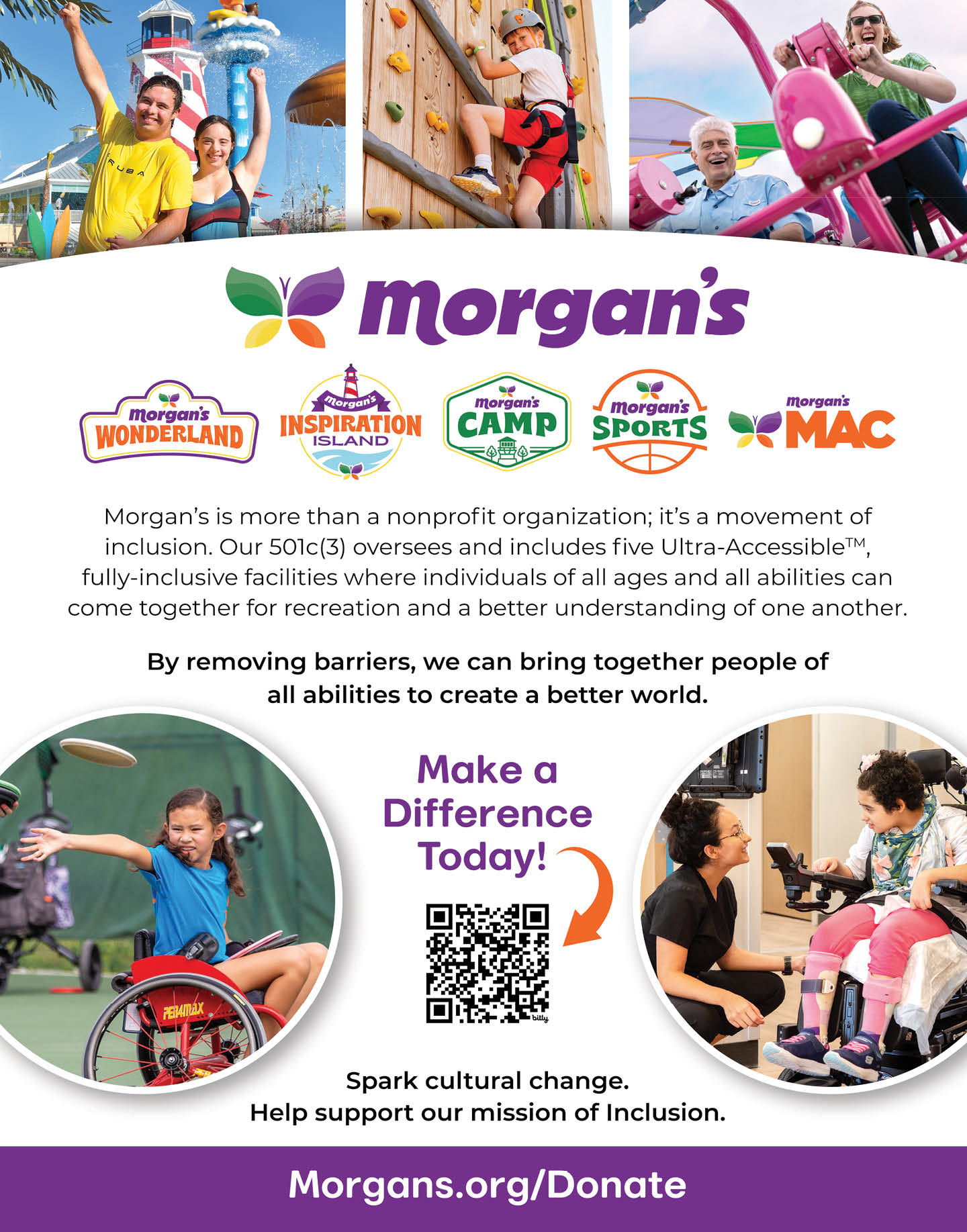 Adults and children engage in various inclusive recreational activities such as climbing, wheelchair sports, and adaptive cycling, promoting a nonprofit organization focused on accessibility and inclusion. Description generated by AI