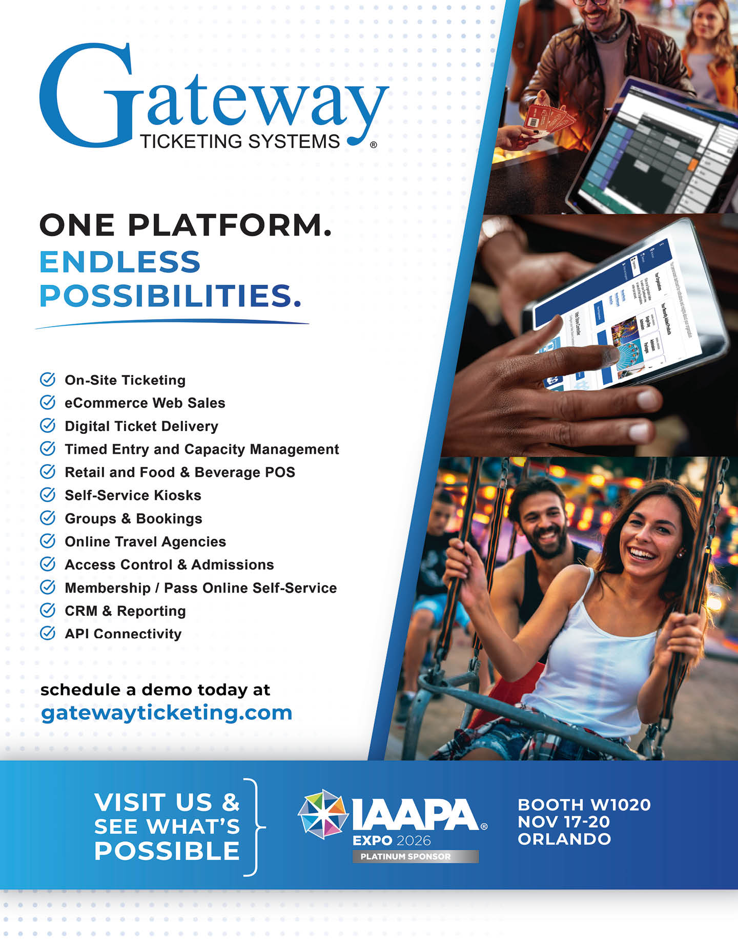 Gateway Ticketing Systems advertisement highlighting a single platform with various ticketing and management features alongside images of people using digital devices and enjoying an event, promoting a demo and an expo booth in Orlando. Description generated by AI