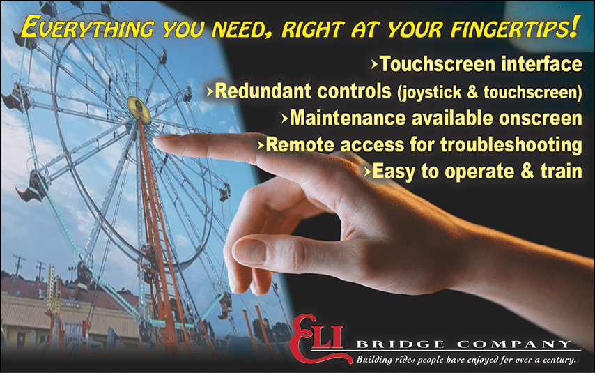 A hand is pointing at a Ferris wheel with text highlighting features of a touchscreen interface and remote access for troubleshooting from Eli Bridge Company. Description generated by AI
