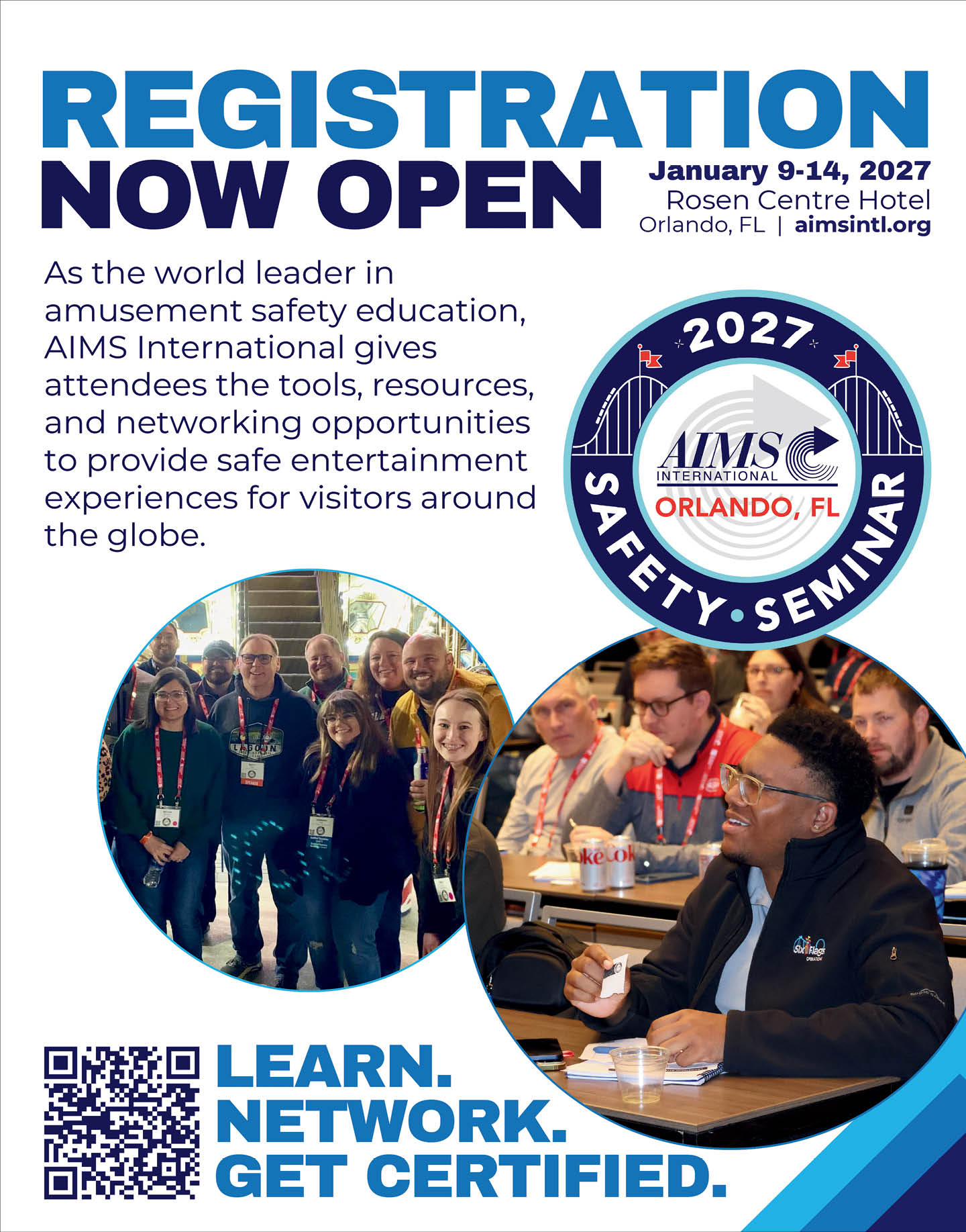 Registration announcement for the 2027 AIMS International Safety Seminar featuring people attending the event and engaging in discussions at the Rosen Centre Hotel in Orlando, Florida. Description generated by AI