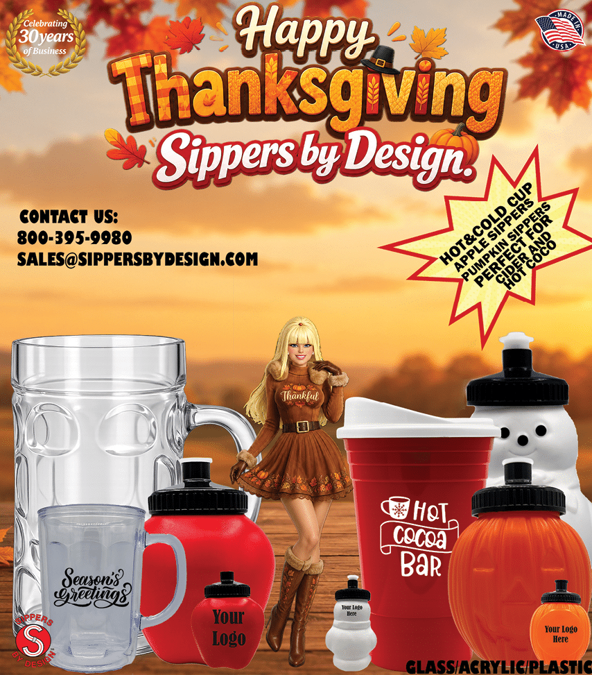 A festive Thanksgiving-themed advertisement features various novelty drink containers including a clear glass mug, red and orange plastic cups shaped like pumpkins, a snowman-shaped bottle, and a person dressed in a brown autumn outfit standing among them with a background of a warm sunset sky. Description generated by AI