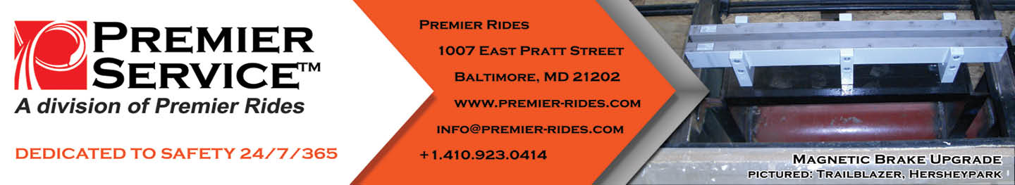 A banner for Premier Service, a division of Premier Rides, featuring their contact information and a photo of a magnetic brake library at Thrill Hill in Hersheypark. Description generated by AI