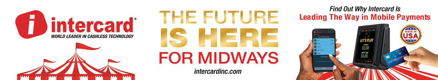 A promotional banner for Intercard highlights mobile payments with the slogan “The Future is Here for Midways" alongside images of hands holding smartphones and a payment card. Description generated by AI