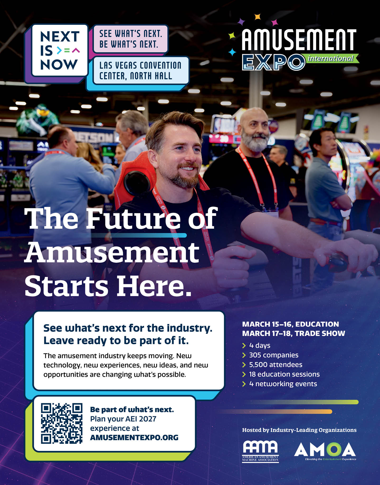 Adults at a busy convention booth with text promoting the Amusement Expo event focused on the future of amusement industry innovations and networking opportunities. Description generated by AI