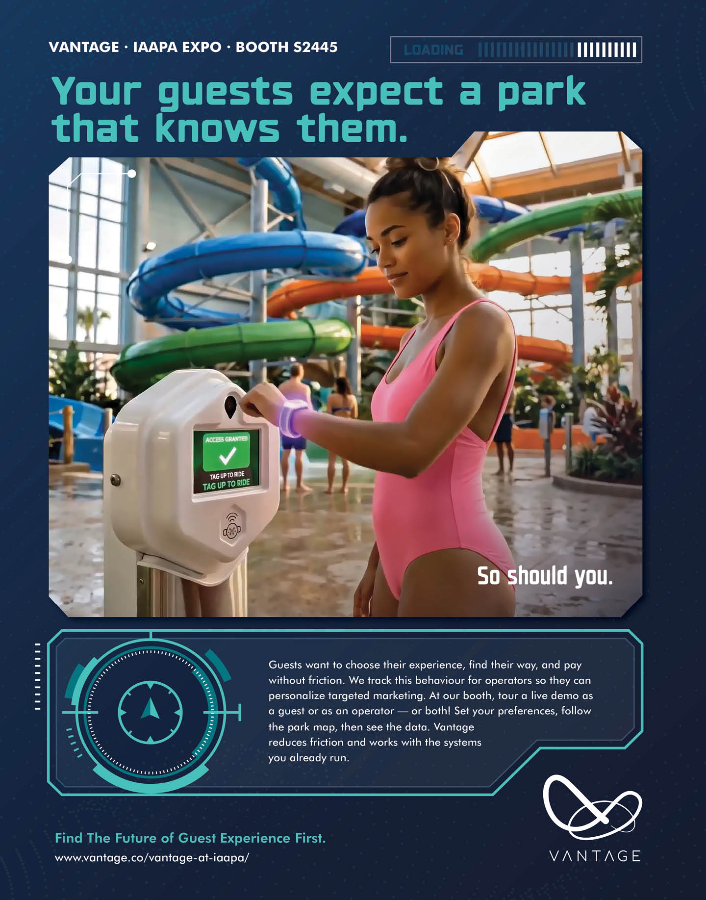 An adult in a pink swimsuit interacts with a wristband scanner at an indoor water park with slides in the background, accompanied by text promoting a guest experience system. Description generated by AI