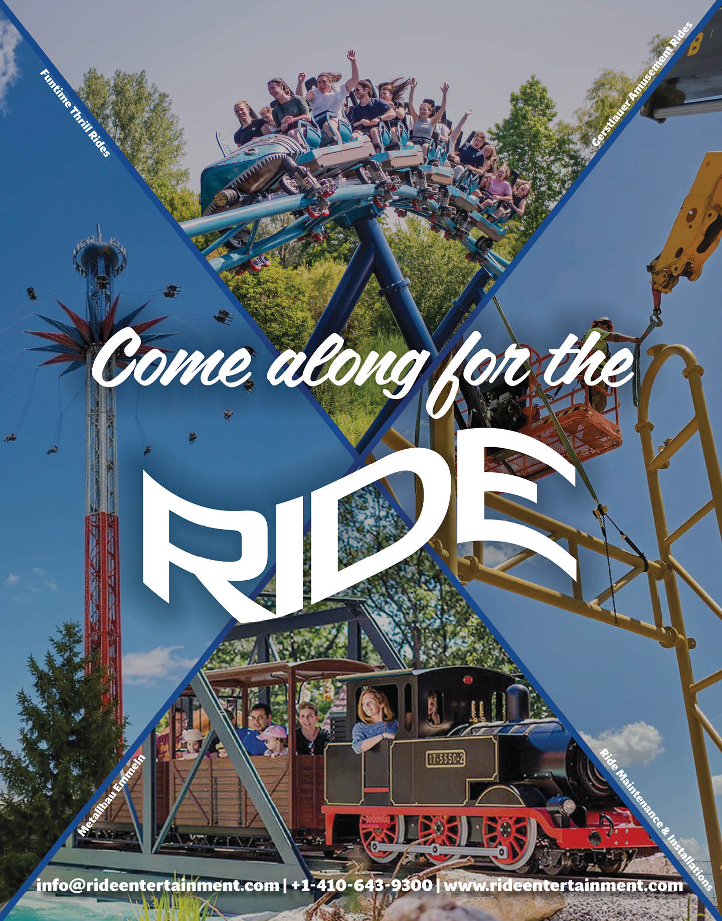 A colorful amusement park advertisement features people enjoying a roller coaster, a drop tower ride, a train ride, and a crane ride with the text “Come along for the RIDE" prominently displayed. Description generated by AI