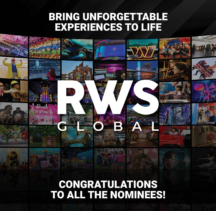 A collage of vibrant images showcasing various entertainment and cultural experiences with bold text congratulating RWS Global nominees for bringing unforgettable experiences to life. Description generated by AI