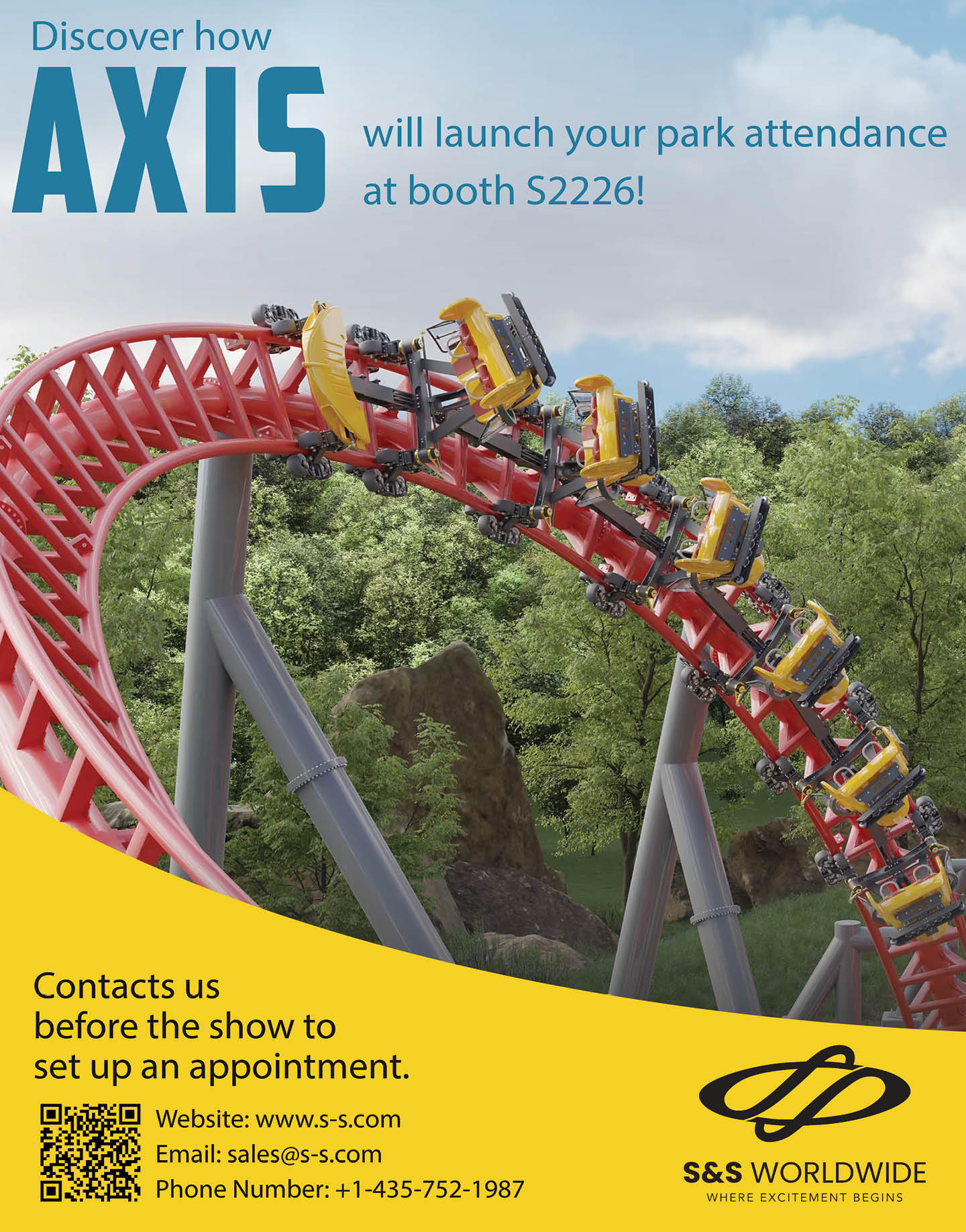 A roller coaster with yellow cars is shown on a red track curving through a green forested area with promotional text about launching park attendance at a booth. Description generated by AI