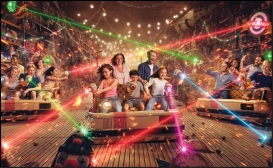 People in casual clothing are joyfully riding bumper cars indoors with colorful laser lights and festive decorations creating a lively atmosphere. Description generated by AI