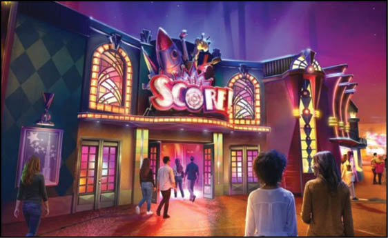 Adults walk toward the entrance of a brightly lit entertainment venue with a colorful sign that reads “Score" against a twilight sky. Description generated by AI