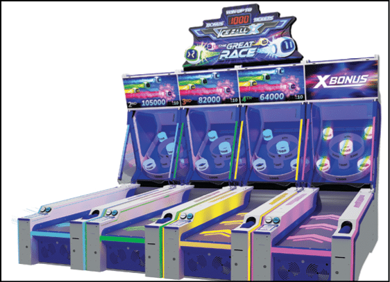 A colorful arcade game with four lanes featuring balls and digital score displays labeled with racing-themed graphics and the title “The Great Race." Description generated by AI