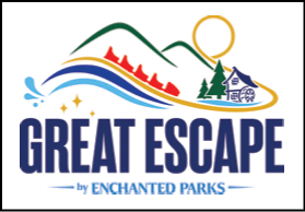 A colorful logo featuring stylized mountains, a roller coaster, trees, a cabin with a water wheel, and the text “Great Escape by Enchanted Parks." Description generated by AI