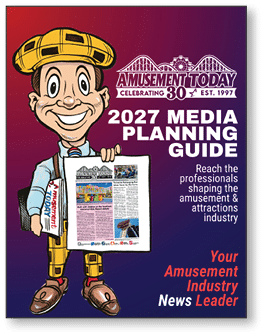 A cartoon person wearing a yellow plaid hat and suspenders holds a newspaper and a rolled-up publication with text promoting the 2027 Amusement Today Media Planning Guide for the amusement and attractions industry. Description generated by AI