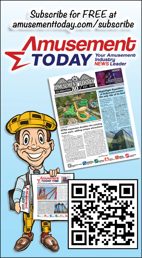 A cartoon person wearing a yellow hat and holding a tablet and newspaper featuring Amusement Today magazine is shown next to a QR code and a subscription prompt. Description generated by AI