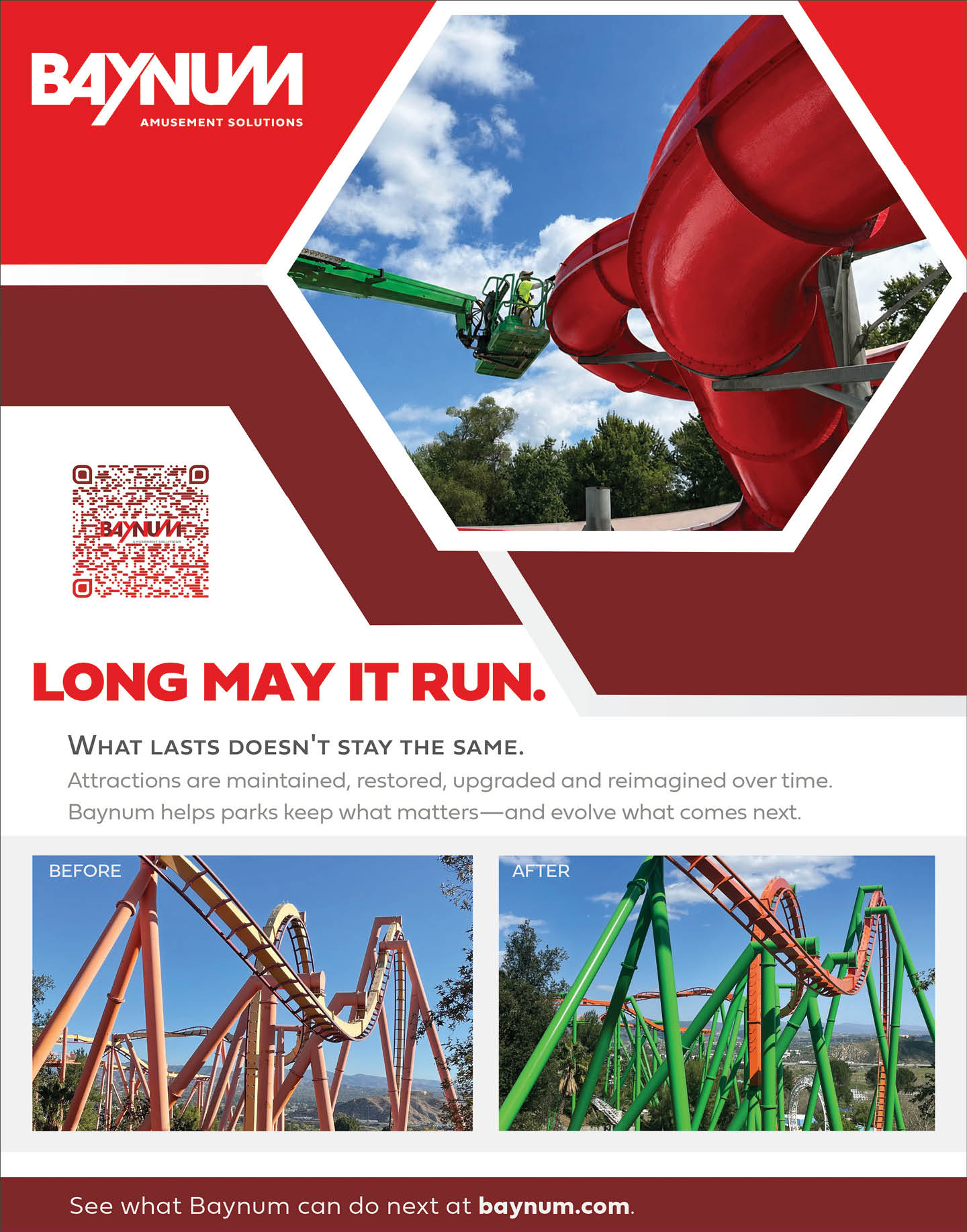 A promotional graphic for Baynun Amusement Solutions shows a worker inspecting a red water slide from a lift and before-and-after photos of a roller coaster with updated tracks and supports. Description generated by AI