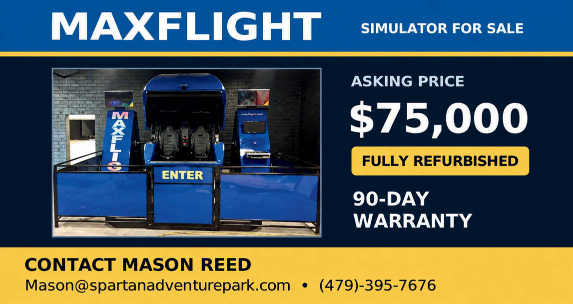A blue MaxFlight flight simulator with two seats is advertised for sale with a fully refurbished status, a 90-day warranty, and contact information for Mason Reed. Description generated by AI