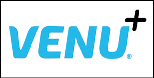 The image shows the word “VENU" in bold blue letters with a black plus sign positioned at the top right corner. Description generated by AI