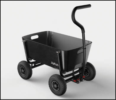 A black utility wagon with four large rugged wheels and a curved handle is shown on a plain white background. Description generated by AI
