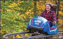 Cliffside Coaster at Mt  Van Hoevenberg Olympic Sports Complex  The track resembles the 1980 Olympic Bobsled run and at 7600 ft is the longest Mountain Coaster in the United States,  The family-friendly ride can reach speeds of up to 25mph, Lake Placid, Essex County, Adirondacks Region