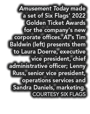 Amusement Today made a set of Six Flags' 2022 Golden Ticket Awards for the company's new corporate offices  AT s Tim    