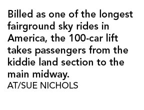 Billed as one of the longest fairground sky rides in America, the 100-car lift takes passengers from the kiddie land    