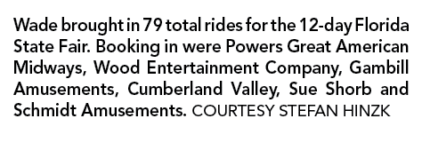 Wade brought in 79 total rides for the 12-day Florida State Fair  Booking in were Powers Great American Midways, Wood   