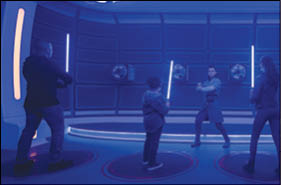 Passengers learn the ancient art of wielding a lightsaber in the Lightsaber Training Pod onboard the Halcyon starcruiser in Star Wars: Galactic Starcruiser at Walt Disney World Resort in Lake Buena Vista, Fla  (Matt Stroshane, photographer)