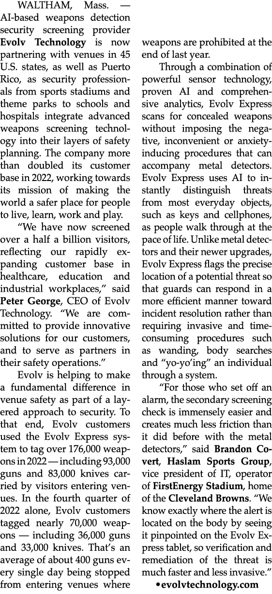WALTHAM, Mass. — AI based weapons detection security screening provider Evolv Technology is now partnering with venue...